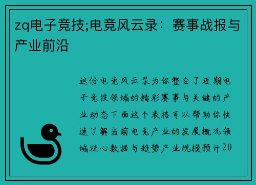zq电子竞技;电竞风云录：赛事战报与产业前沿